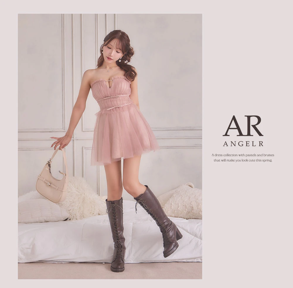 【ANGEL R/エンジェルアール】ベアトップ/ フリル/ ビジューチェーン/ ウエストリボン/ フレア/ マイクロミニドレス/ キャバドレス2