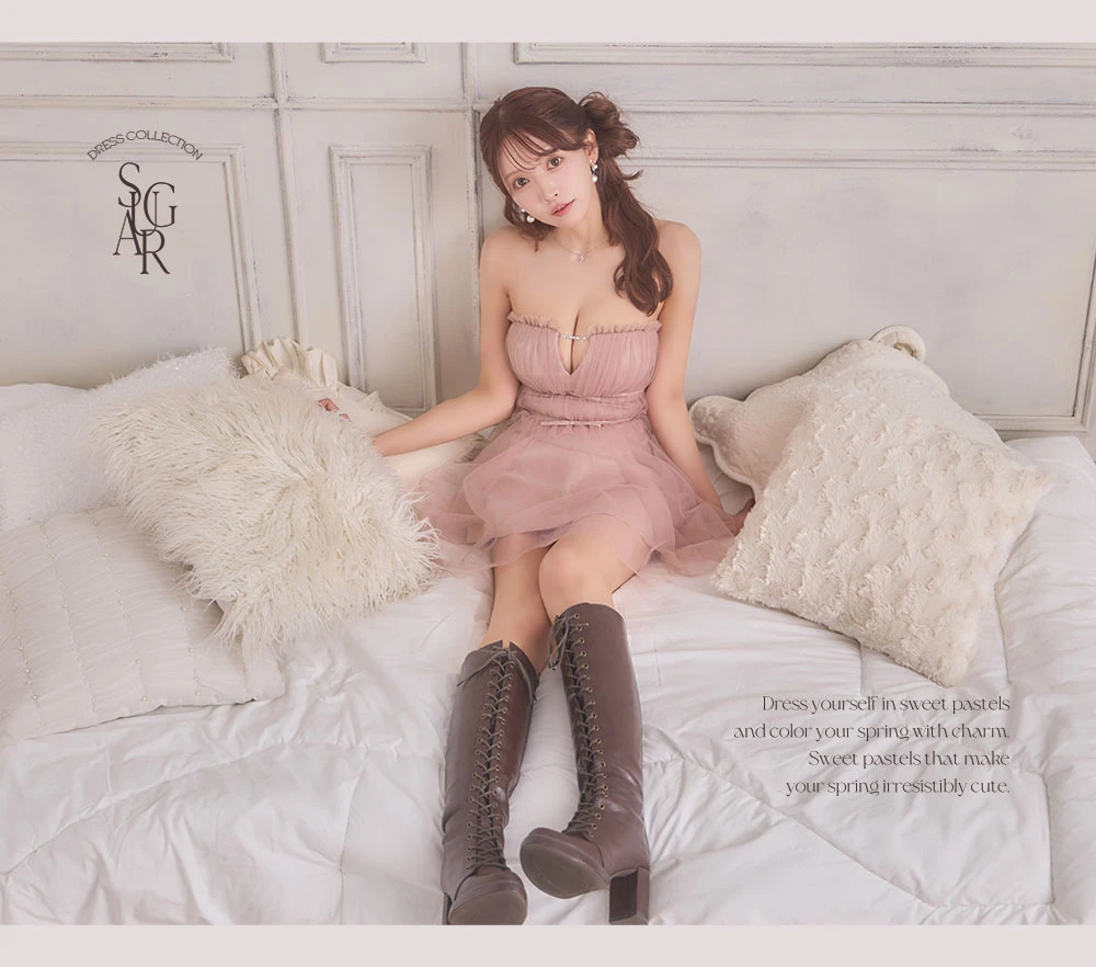 【ANGEL R/エンジェルアール】ベアトップ/ フリル/ ビジューチェーン/ ウエストリボン/ フレア/ マイクロミニドレス/ キャバドレス3