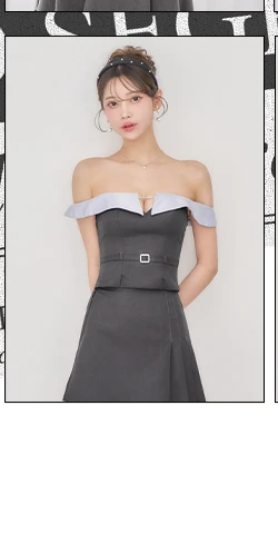 【ANGEL R/エンジェルアール】オフショル/ バストチェーン/ ベルトデザイン/ プリーツ/ バイカラー/ セパレート/ 2way/ フレア/ マイクロミニドレス/ キャバドレス