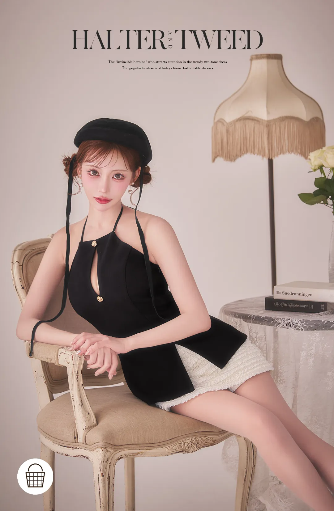 ホルターネック キーホール 胸元カットアウト 金ボタン ペプラム くびれ見え スリット ミニ丈 ツイード風 上品セクシー モード 甘辛ミックス 美脚見え 1