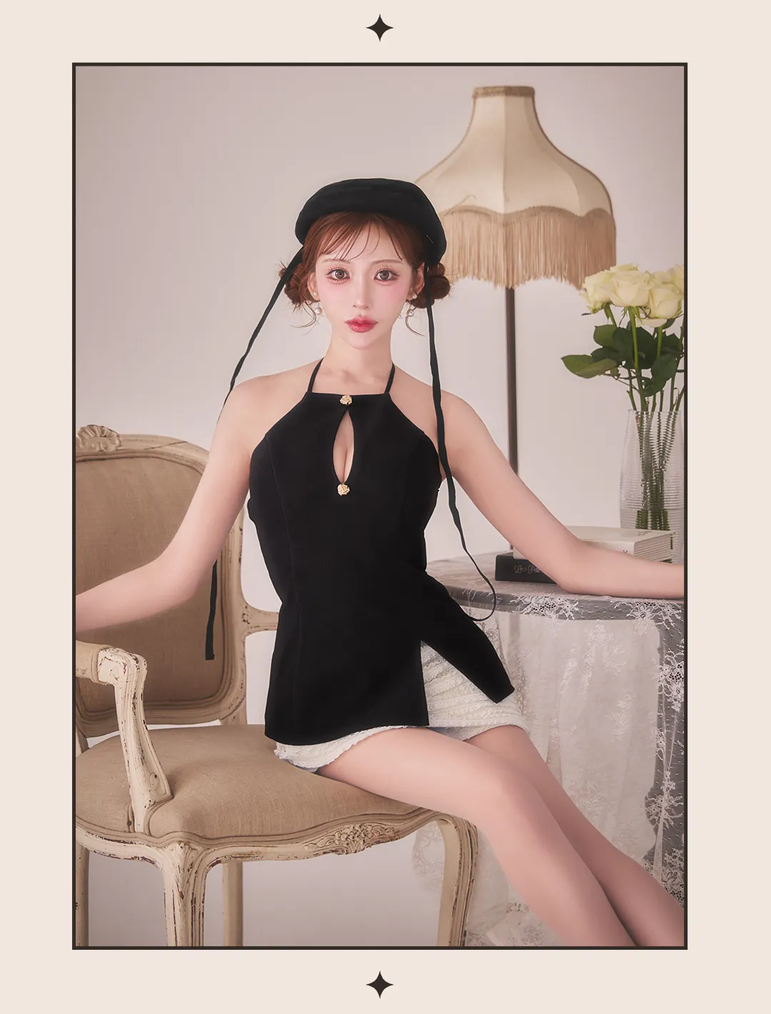 ホルターネック キーホール 胸元カットアウト 金ボタン ペプラム くびれ見え スリット ミニ丈 ツイード風 上品セクシー モード 甘辛ミックス 美脚見え 4