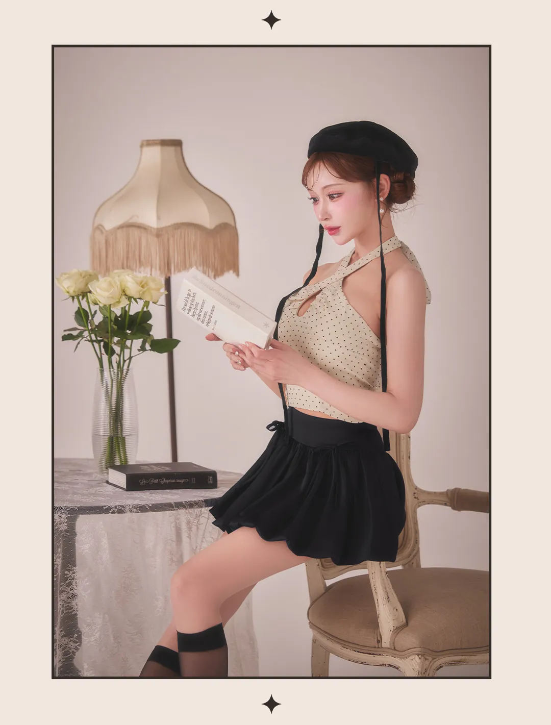 クロスホルター ドット柄 水玉 キーホール ネックデザイン ドロストウエスト バルーンスカート 体型カバー 小顔見え 甘辛 フェミニン レトロ 可愛い セクシー 4