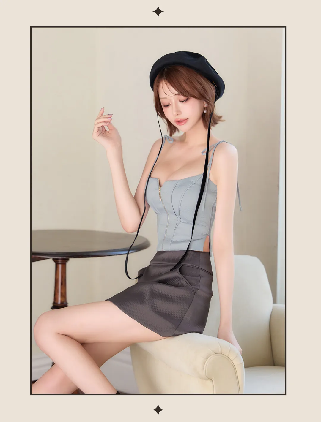 コルセット風 フロントジップ ビスチェトップ 肩リボン 華奢見え ラップスカート ハイウエスト見え ポケット付き こなれ 大人可愛い スタイルアップ デート 4