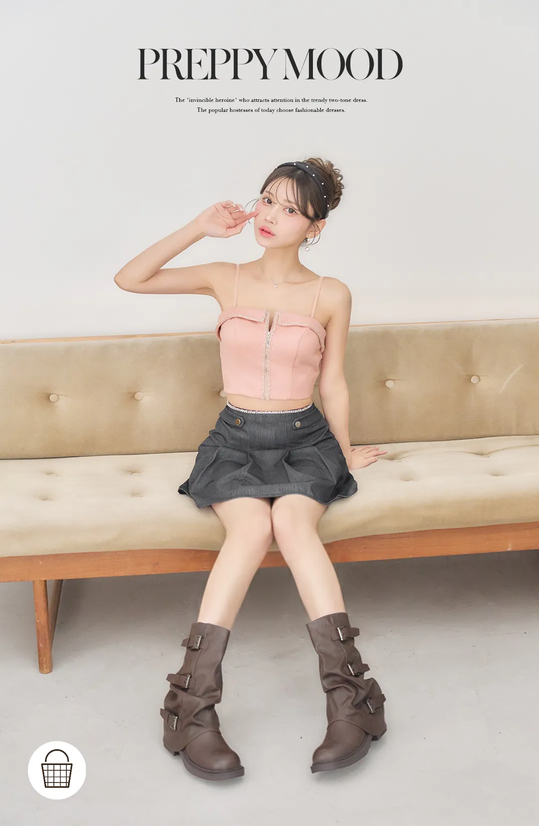 ビジュー トリムデザイン コルセット風 センタージップ 細ストラップ プリーツスカート ハイウエスト見え ボタン装飾 清楚 あざとい 高見え 韓国っぽ 甘辛 1