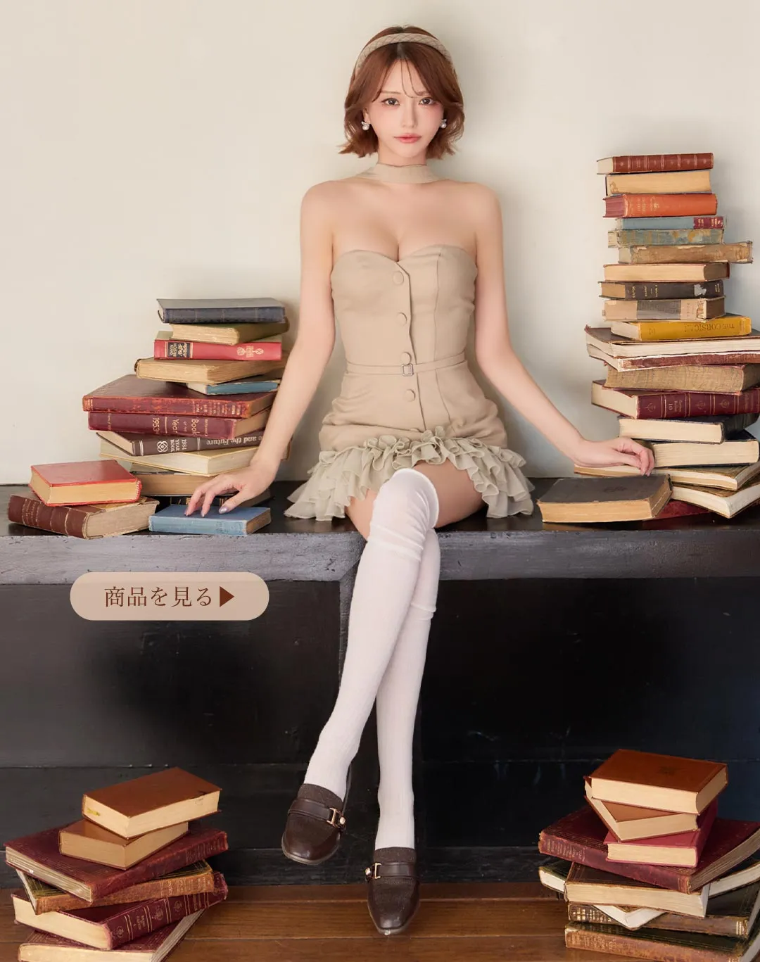 【ANGEL R/エンジェルアール】ベアトップ/ チョーカーデザイン/ ボタン/ ウエストベルト/ フリル/ フレア/ マイクロミニ/ ミニドレス/ キャバドレス