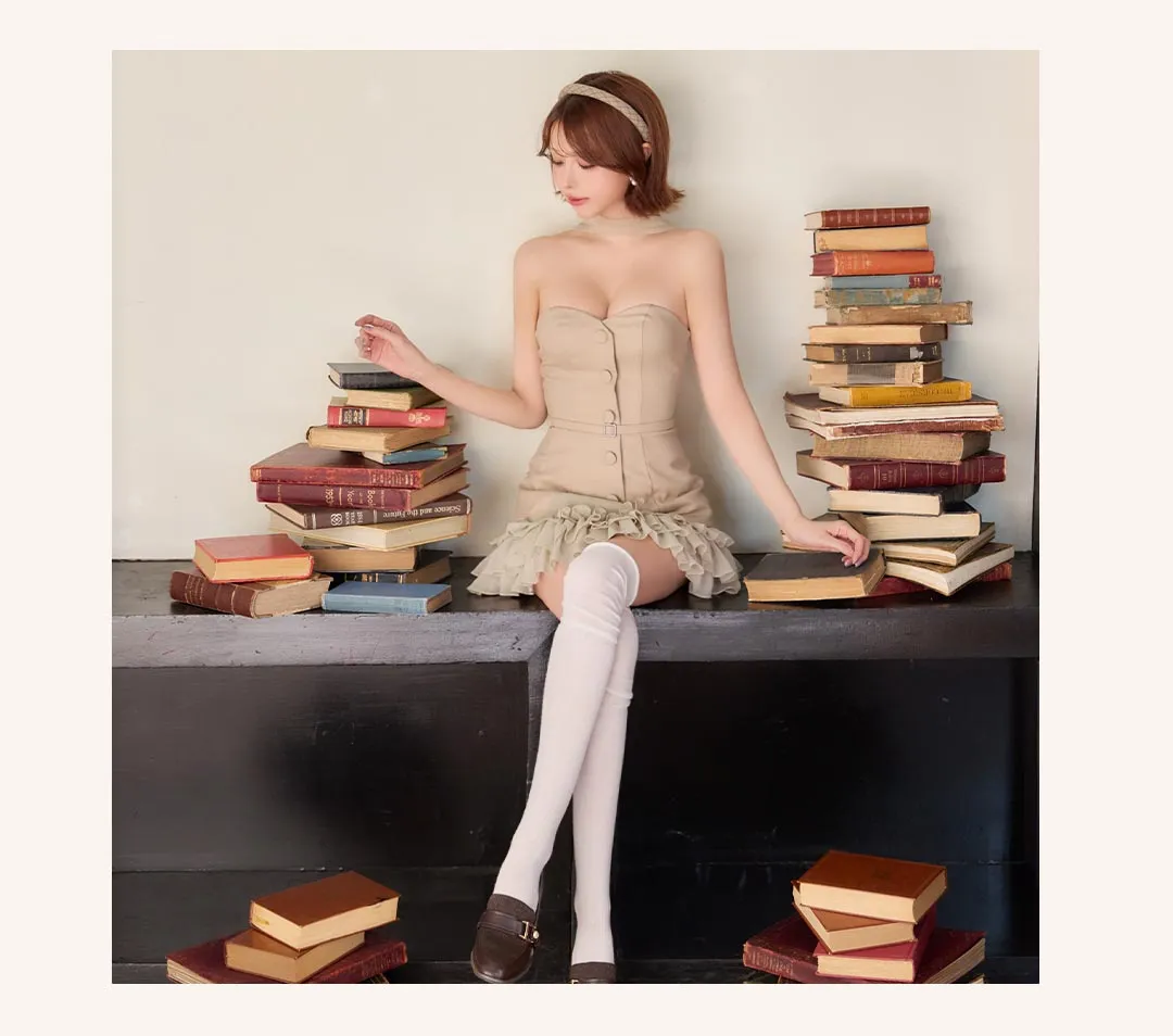 【ANGEL R/エンジェルアール】ベアトップ/ チョーカーデザイン/ ボタン/ ウエストベルト/ フリル/ フレア/ マイクロミニ/ ミニドレス/ キャバドレス