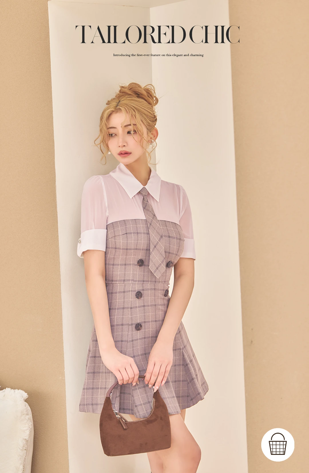 チェックワンピ シャツドッキング タイ付き ダブルボタン フレアミニ ハイウエスト きれいめ 上品 大人可愛い 知的コーデ スタイルアップ 秋冬 1