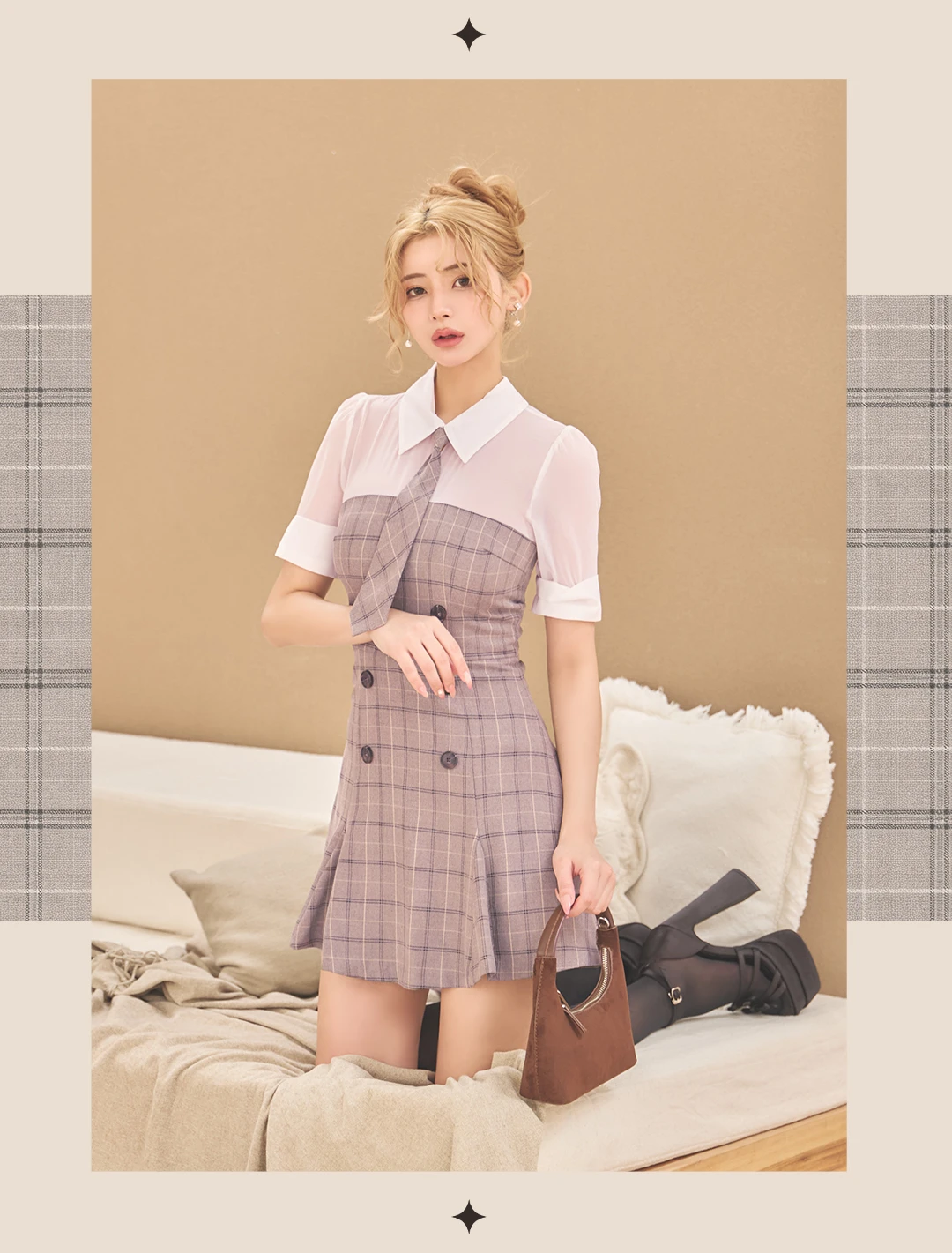 チェックワンピ シャツドッキング タイ付き ダブルボタン フレアミニ ハイウエスト きれいめ 上品 大人可愛い 知的コーデ スタイルアップ 秋冬 4