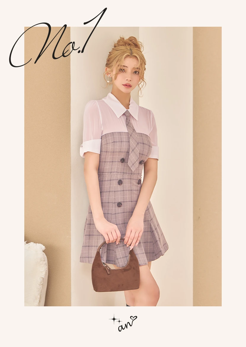 チェックワンピ シャツドッキング タイ付き ダブルボタン フレアミニ ハイウエスト きれいめ 上品 大人可愛い 知的コーデ スタイルアップ 秋冬
