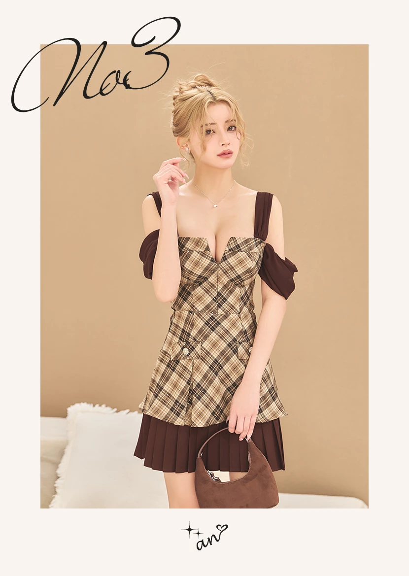チェックミニ ビスチェワンピ オフショル リボン袖 プリーツスカート 美脚見え セクシー上品 甘辛ミックス 秋ドレス クラブワンピ