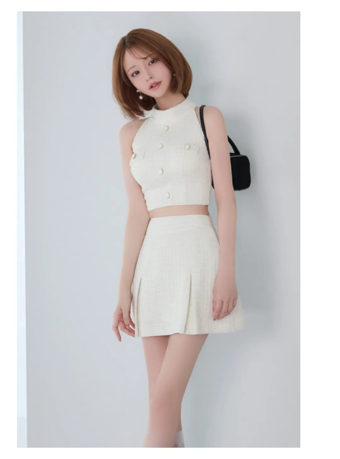 【ANDY/アンディ】ノースリーブ/ アメスリ/ ボタン/ ツイード/ セットアップ/ ボックスプリーツ/ フレア/ ミニドレス/ キャバドレス