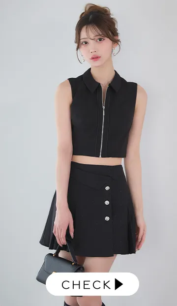 【an /アン】 バイカラーあり/ ラメ/ ビジューボタン/ ノースリーブ/ ウエスト折り返し/ ボックスプリーツ/ バストジップ/ フレア/ セットアップ/ ミニドレス/ キャバドレス