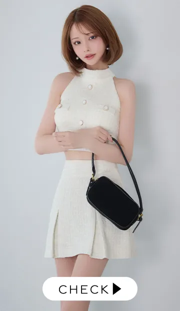 【ANDY/アンディ】ノースリーブ/ アメスリ/ ボタン/ ツイード/ セットアップ/ ボックスプリーツ/ フレア/ ミニドレス/ キャバドレス