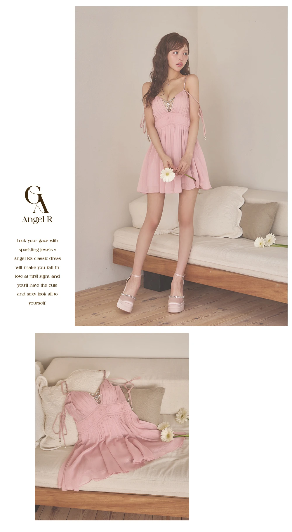 【ANGEL R/エンジェルアール】Vカット/ バストビジュー/ シフォン/ ショルダー/ リボン/ フレア/ マイクロミニドレス/ キャバドレス 3