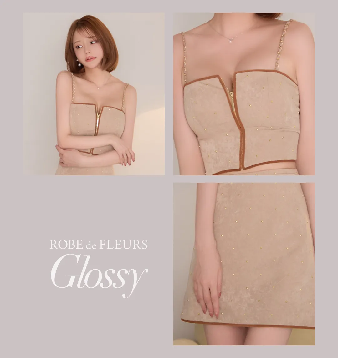 XSサイズあり【Glossy/グロッシー】スタッズ/ キルティング/ フロントジップ/ 台形スカート/ セットアップ/ ミニドレス/ キャバドレス