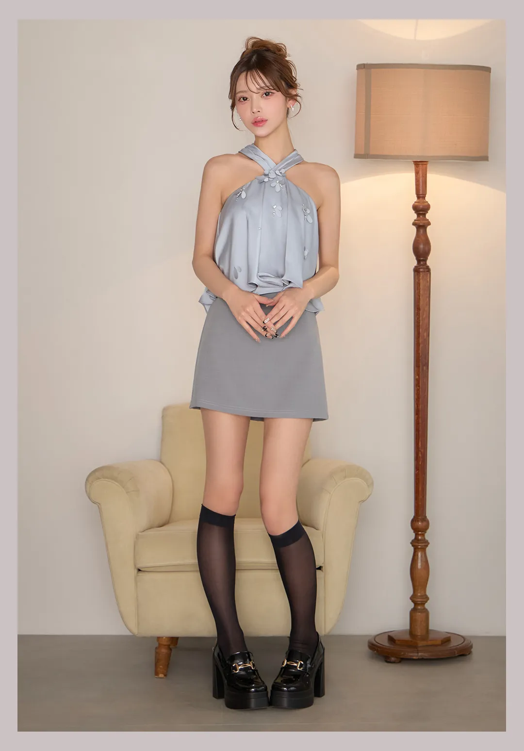 【ANGEL R/エンジェルアール】クロスネック/ フロントフリル/ フラワー/ バイカラー/ セパレート/ シフォン/ フレア/ マイクロミニドレス/ キャバドレス