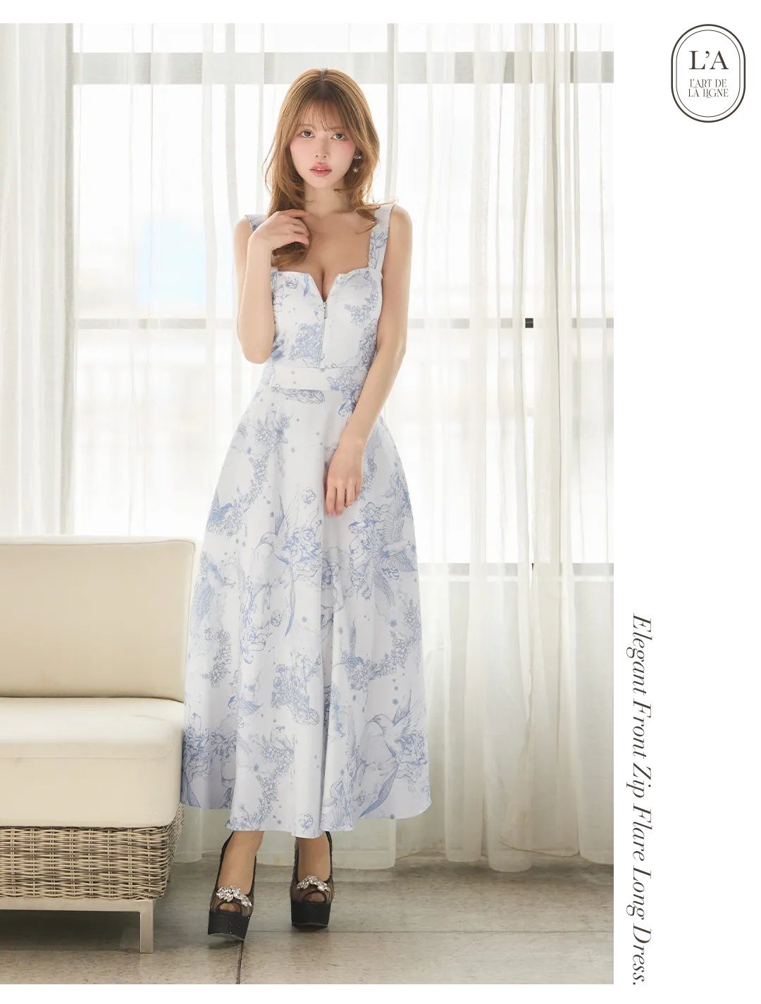 【ANDY/アンディ】スクエアネック/ バストジップ/ ノースリーブ/ シフォン/ 総柄/ フレア/ ワンピース/ ロングドレス/ キャバドレス 4