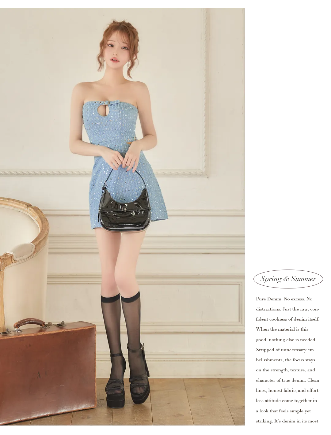 【Glossy/グロッシー】スパンコール/ ベア/ デニム/ ベルトデザイン/ Aライン/ フレア/ ミニドレス/ キャバドレス 2