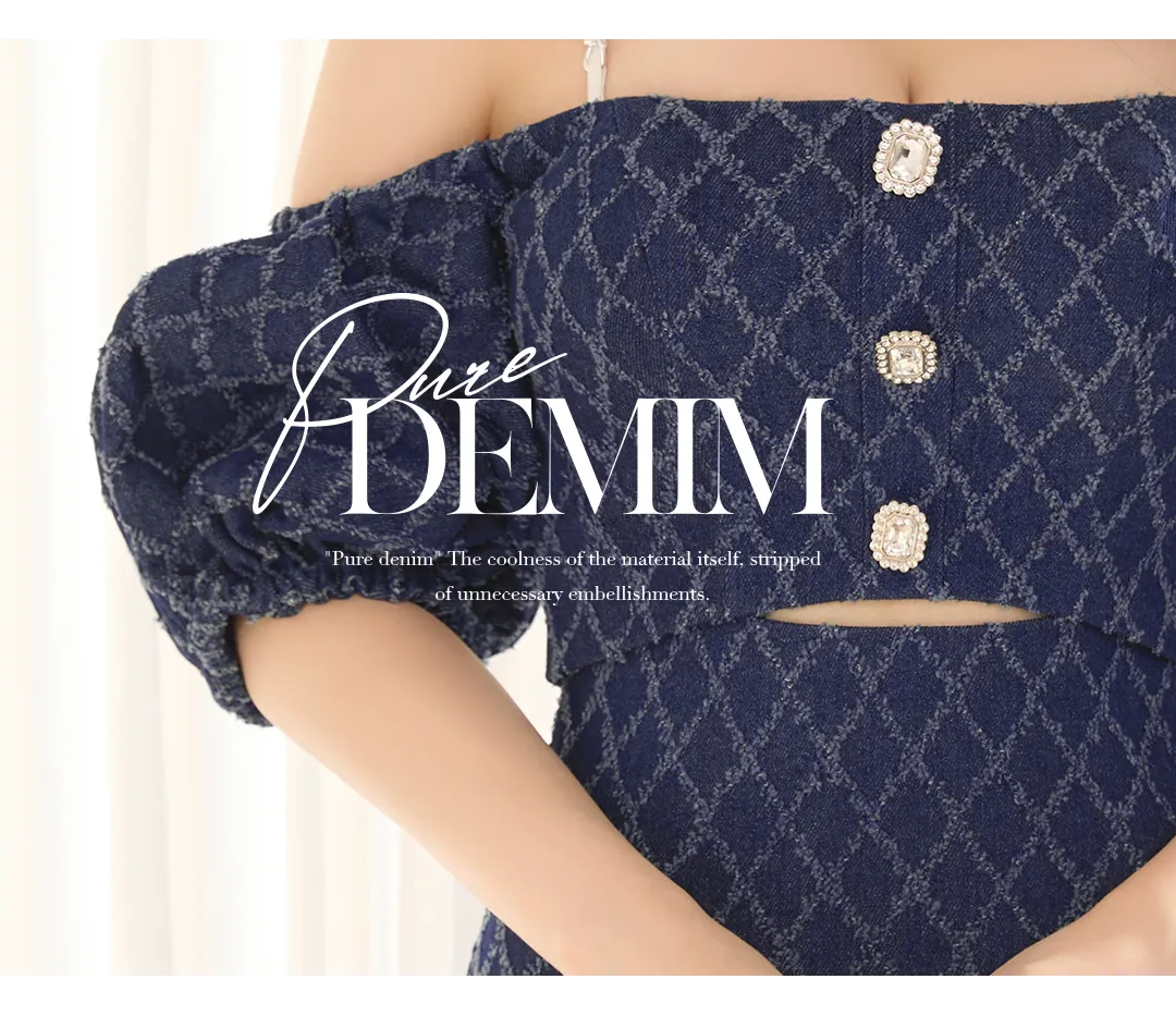 【ANGEL R/エンジェルアール】デニムデザイン/ オフショルダー/ パフスリーブ/ ウエストカット/ ボタン/ チェーンショルダー/ マイクロミニ/ フレア/ ミニドレス/ キャバドレス 3