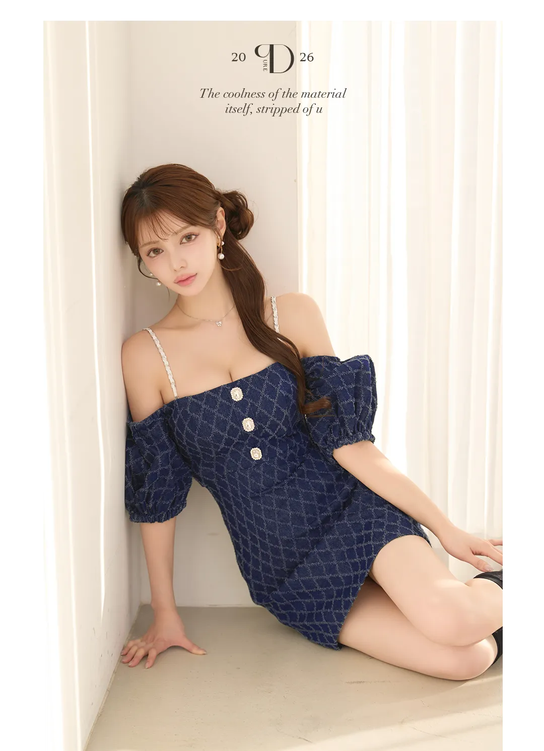 【ANGEL R/エンジェルアール】デニムデザイン/ オフショルダー/ パフスリーブ/ ウエストカット/ ボタン/ チェーンショルダー/ マイクロミニ/ フレア/ ミニドレス/ キャバドレス 5