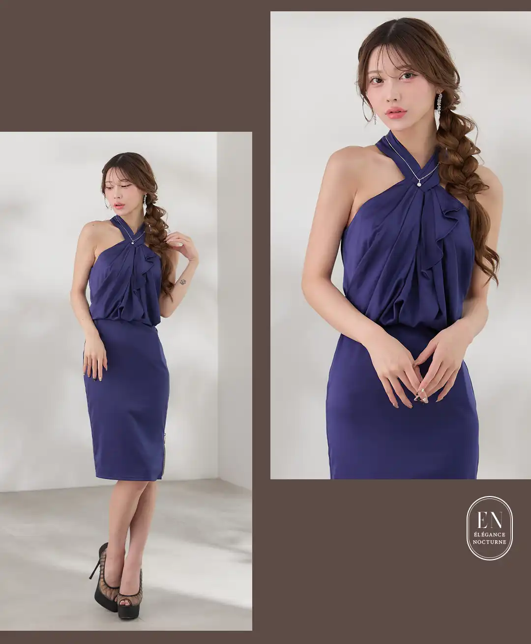 クロスネックドレス / フリルドレス / タイトドレス / ネイビードレス / キャバドレス ミディ / ラウンジドレス / ナイトドレス レディース / 上品セクシードレス / ボディラインドレス / エレガントドレス / ミディドレス タイト / 夜会ドレス / 大人ドレス / フリルミディドレス / 色気ドレス 3