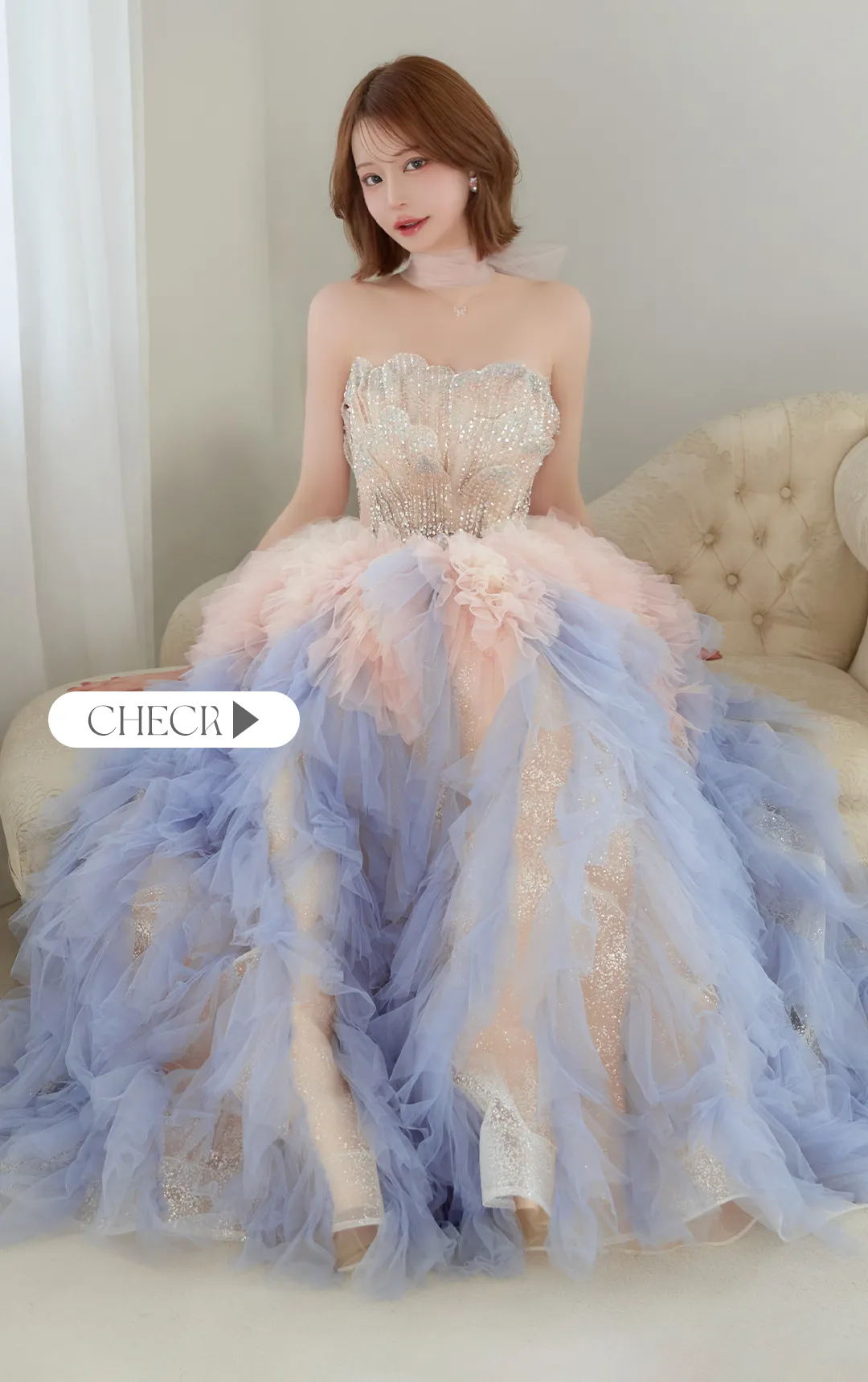 【couture an/クチュールアン】チョーカー付き/ リボン/ グラデーション/ ベア/ ビジュー/ スパンコール/ チュール/ フレア/ スピンドル/ Aライン/ カラードレス/ フリル/ サイドシアー/ プリンセス/ ロングドレス/ キャバドレス long