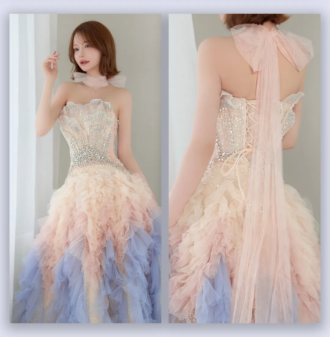 【couture an/クチュールアン】| チョーカー付き/ リボン/ グラデーション/ ベア/ ビジュー/ スパンコール/ チュール/ フレア/ スピンドル/ Aライン/ カラードレス/ フリル/ サイドシアー/ プリンセス/ ロングドレス/ キャバドレス long