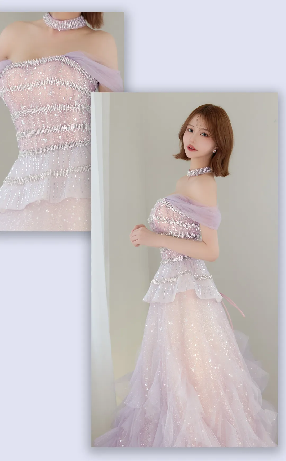 【couture an/クチュールアン】チョーカー付/ チュール/ ラメ/ スパンコール/ シアー/ フレア/ プリンセス/ フリル/ ビジュー/ カラードレス/ ロングドレス/ キャバドレス long