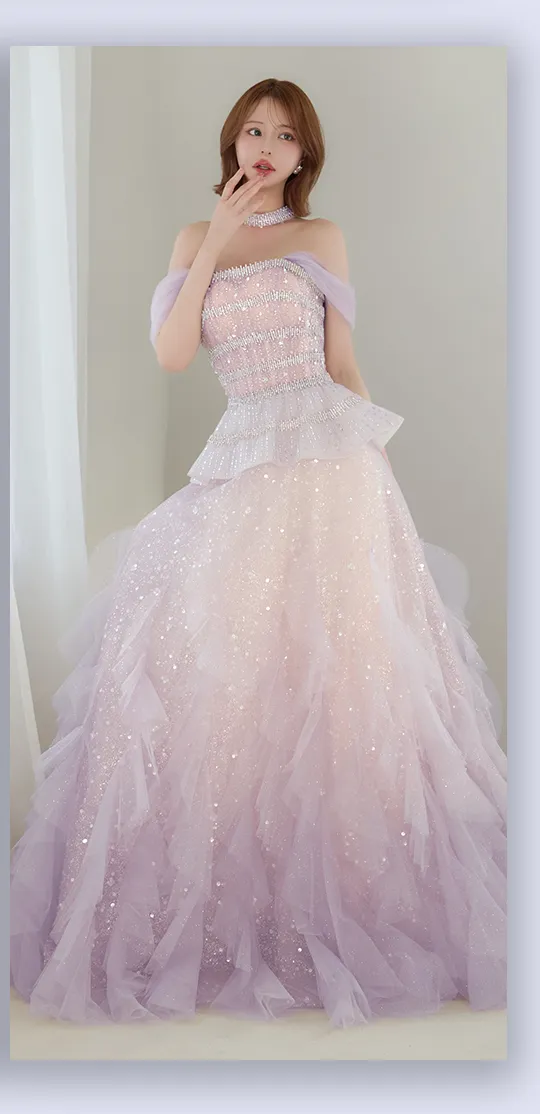 【couture an/クチュールアン】チョーカー付/ チュール/ ラメ/ スパンコール/ シアー/ フレア/ プリンセス/ フリル/ ビジュー/ カラードレス/ ロングドレス/ キャバドレス long