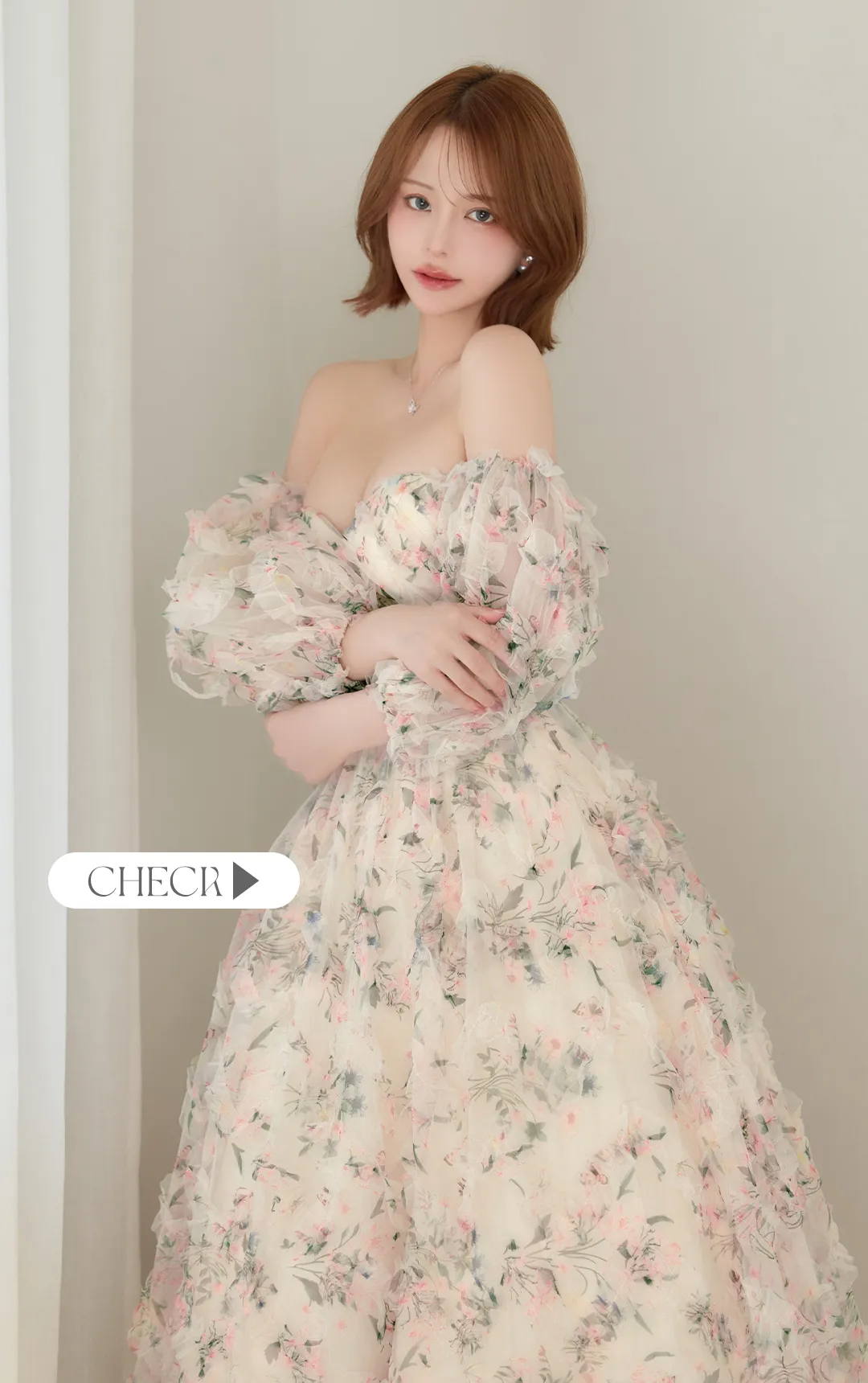 【JEAN MACLEAN/ジャンマクレーン】フラワープリント/ 袖付き/ 2way/ オフショル/ ベア/ パフスリーブ/ 七分袖/ シアー/ チュール/ フリル/ フレア/ プリンセス/ スリット/スピンドル / ロングドレス/ キャバドレス long