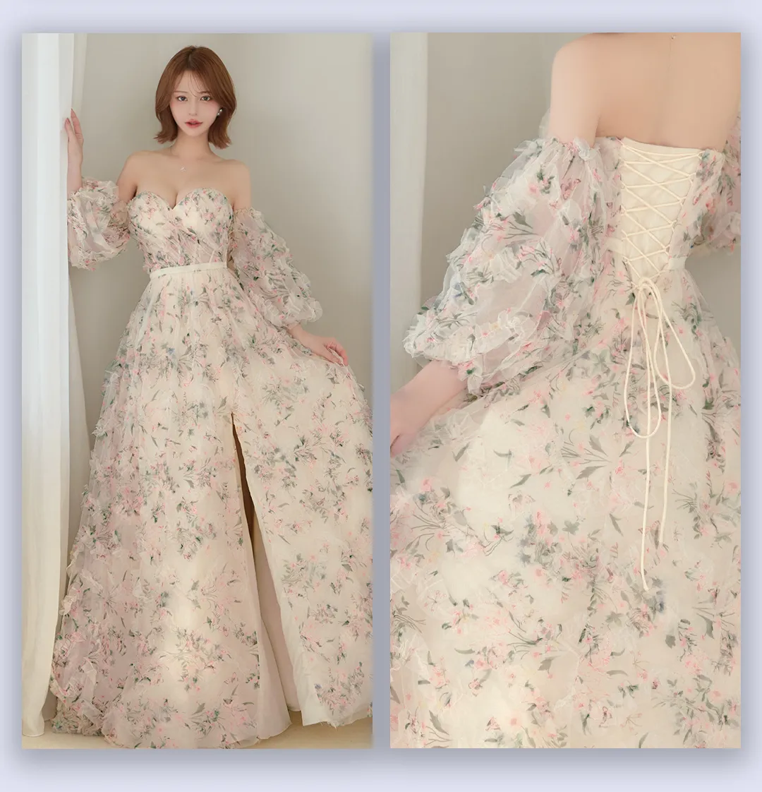 【JEAN MACLEAN/ジャンマクレーン】フラワープリント/ 袖付き/ 2way/ オフショル/ ベア/ パフスリーブ/ 七分袖/ シアー/ チュール/ フリル/ フレア/ プリンセス/ スリット/スピンドル / ロングドレス/ キャバドレス long