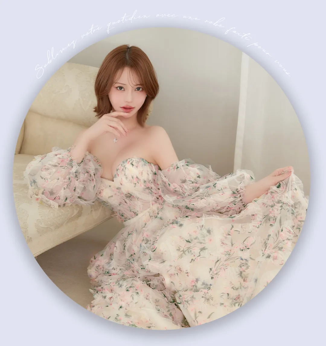 【JEAN MACLEAN/ジャンマクレーン】フラワープリント/ 袖付き/ 2way/ オフショル/ ベア/ パフスリーブ/ 七分袖/ シアー/ チュール/ フリル/ フレア/ プリンセス/ スリット/スピンドル / ロングドレス/ キャバドレス long