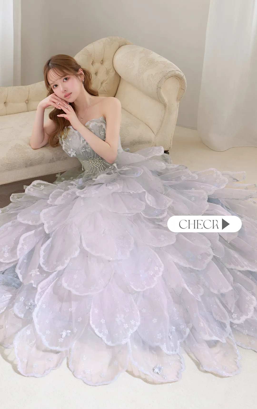 【couture an/クチュールアン】立体フラワーレース/ チュール/ シアー/ ティアード/ フリル/ フラワー刺繍/ ビジュー/ ラメ/ スパンコール/ フレア/ プリンセス/ カラードレス/ ロングドレス/ キャバドレス long