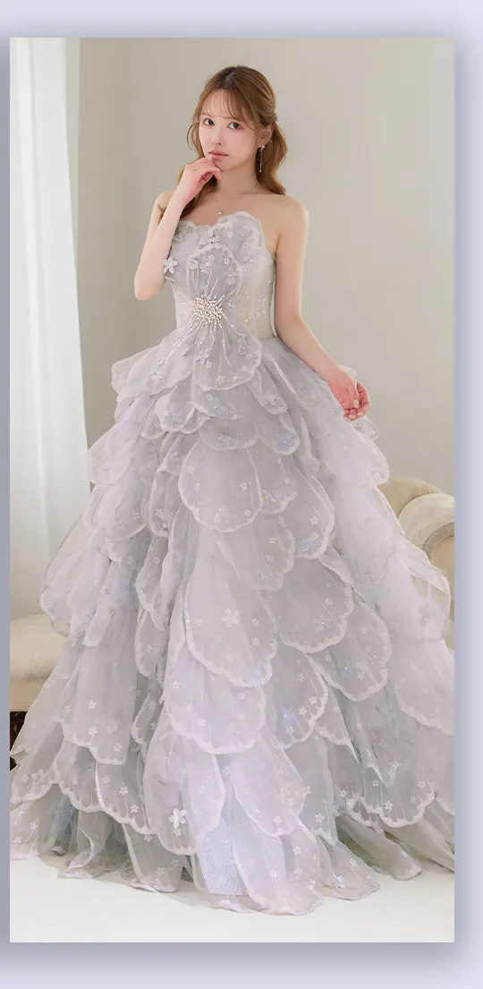 【couture an/クチュールアン】立体フラワーレース/ チュール/ シアー/ ティアード/ フリル/ フラワー刺繍/ ビジュー/ ラメ/ スパンコール/ フレア/ プリンセス/ カラードレス/ ロングドレス/ キャバドレス long