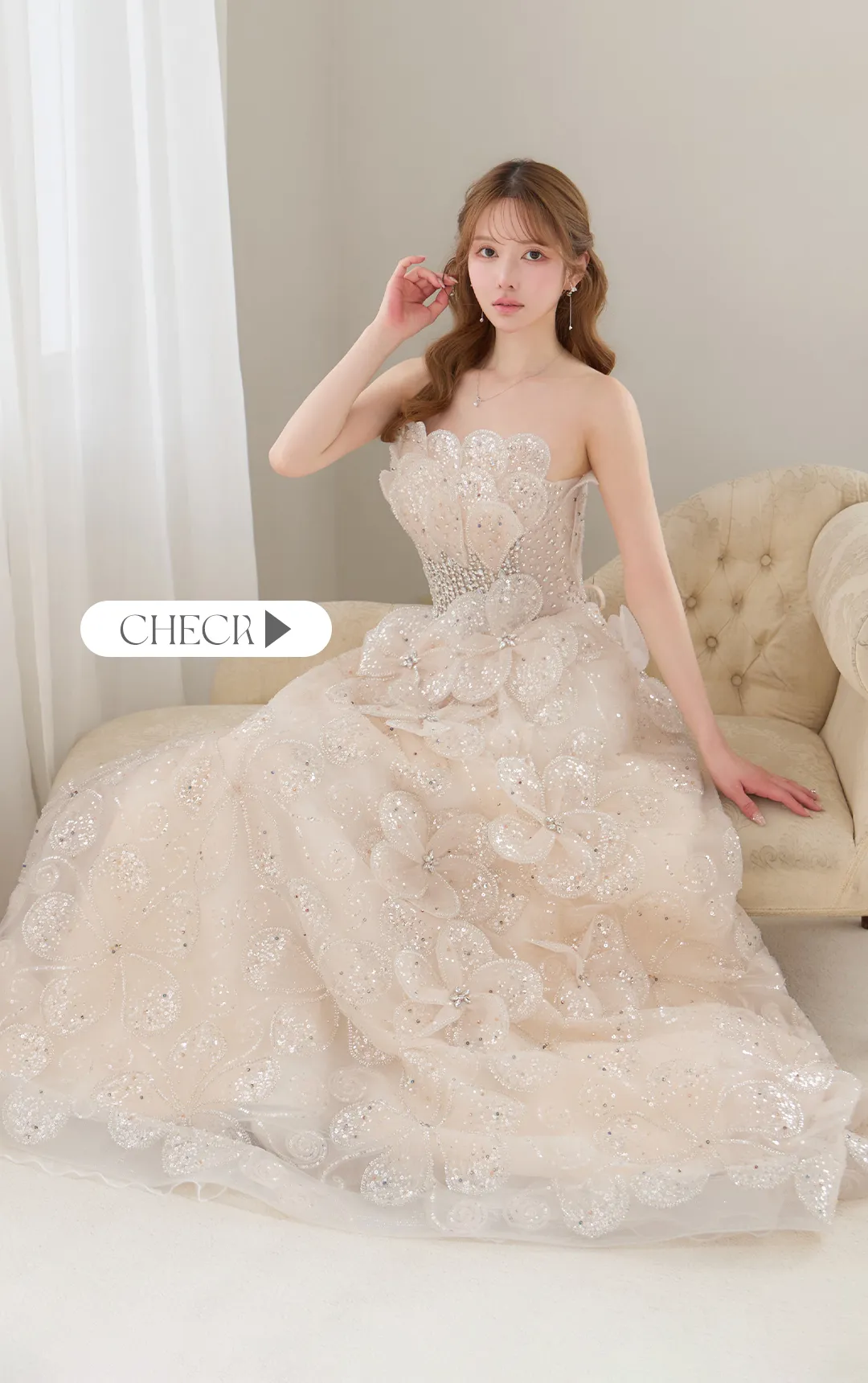 【couture an/クチュールアン】立体フラワー/ シアー/ チュール/ フリル/ フラワー刺繍/ ビジュー/ ラメ/ スパンコール/ フレア/ プリンセス/ ベア/ ロングドレス/ キャバドレス long