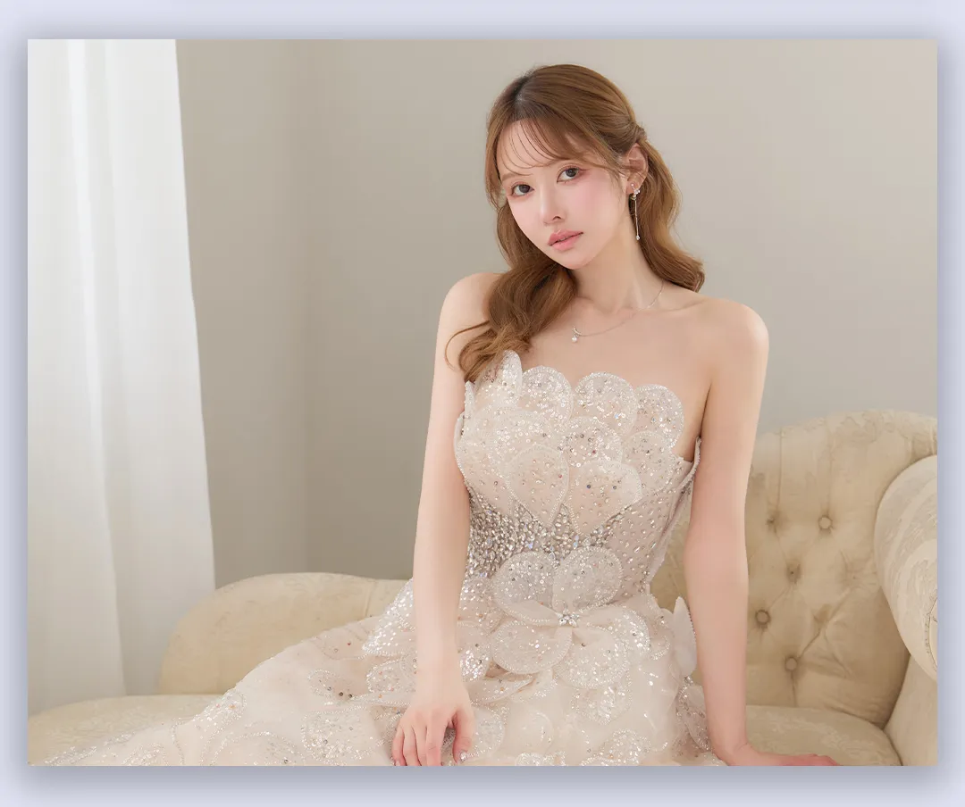 【couture an/クチュールアン】立体フラワー/ シアー/ チュール/ フリル/ フラワー刺繍/ ビジュー/ ラメ/ スパンコール/ フレア/ プリンセス/ ベア/ ロングドレス/ キャバドレス long