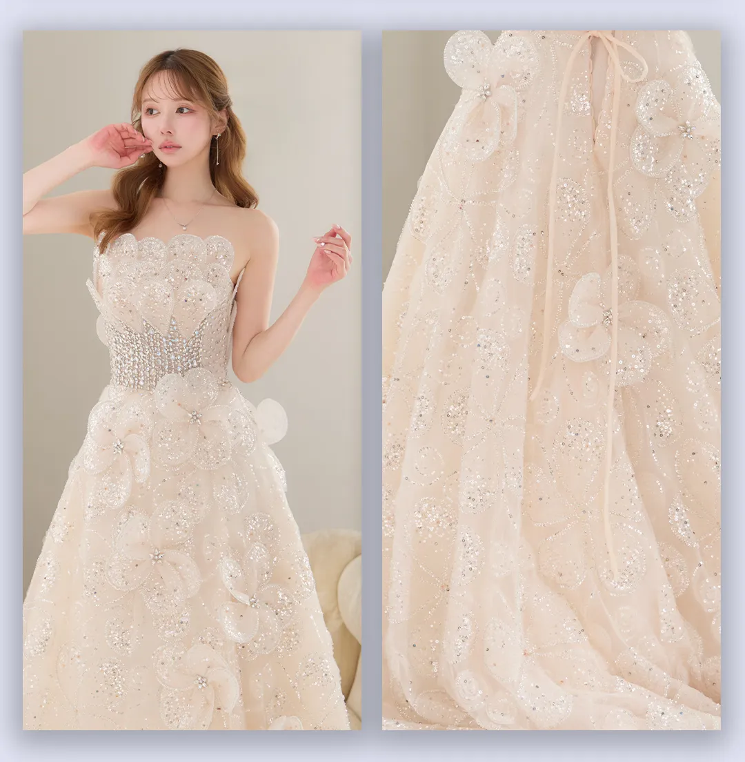 【couture an/クチュールアン】立体フラワー/ シアー/ チュール/ フリル/ フラワー刺繍/ ビジュー/ ラメ/ スパンコール/ フレア/ プリンセス/ ベア/ ロングドレス/ キャバドレス long