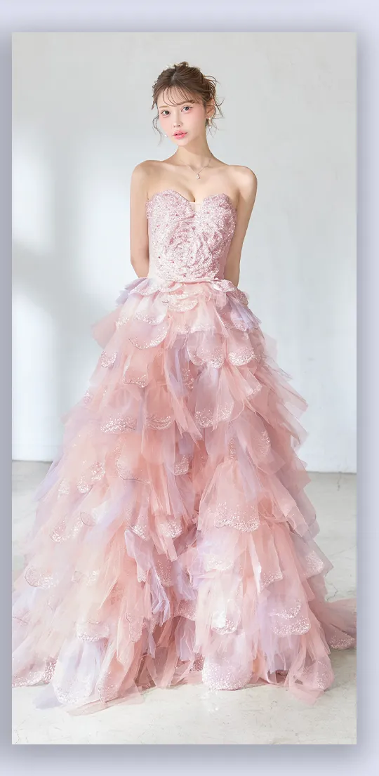 【couture an/クチュールアン】立体フラワーレース/ チュール/ ティアードフリル/ グラデーション/ ビジュー/ スパンコール/ フレア/ プリンセス/ カラードレス/ ロングドレス/ キャバドレス long[