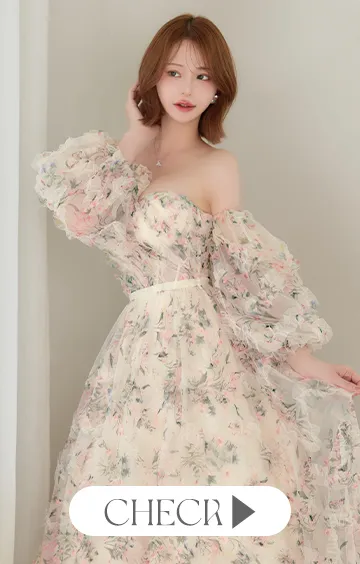 【JEAN MACLEAN/ジャンマクレーン】フラワープリント/ 袖付き/ 2way/ オフショル/ ベア/ パフスリーブ/ 七分袖/ シアー/ チュール/ フリル/ フレア/ プリンセス/ スリット/スピンドル / ロングドレス/ キャバドレス long