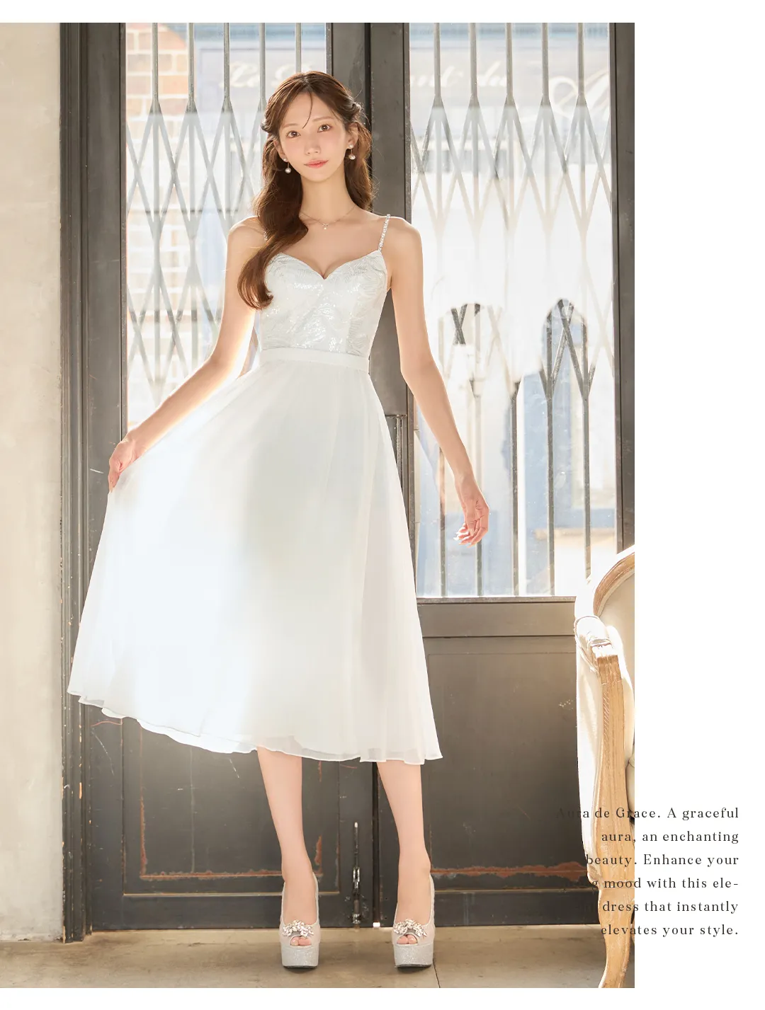 【ANGEL R/エンジェルアール】アッパーフラワーデザイン/ ウエストマーク/ ビジュー/ シフォン/ フレア/ ワンピース/ ミディアムドレス/ キャバドレス long 3