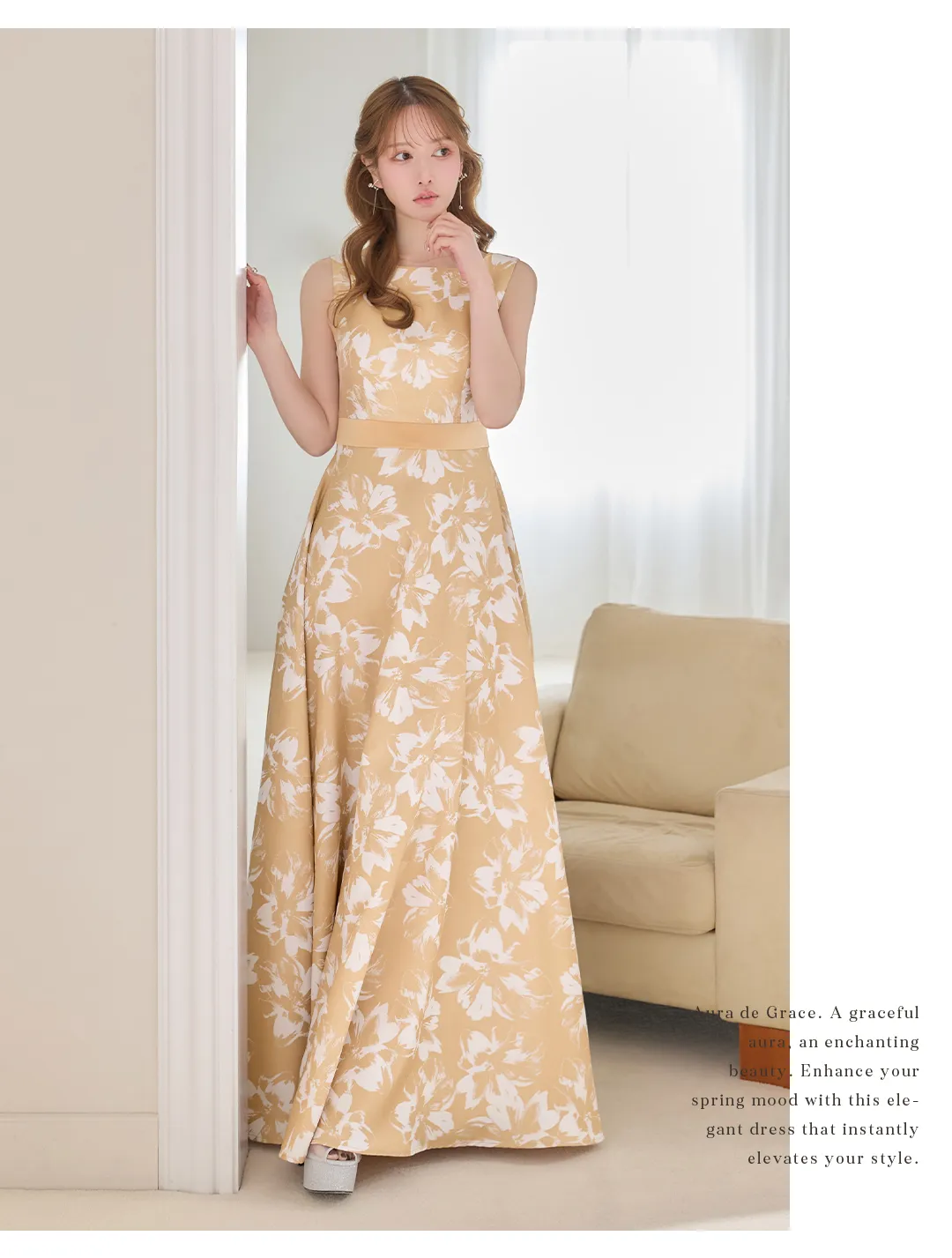 【SETTAN/セッタン】フラワープリント/ ハイウエスト/ ノースリーブ/ ボートネック/ フレア/ Aライン/ ワンピース/ ロングドレス / キャバドレス long 3