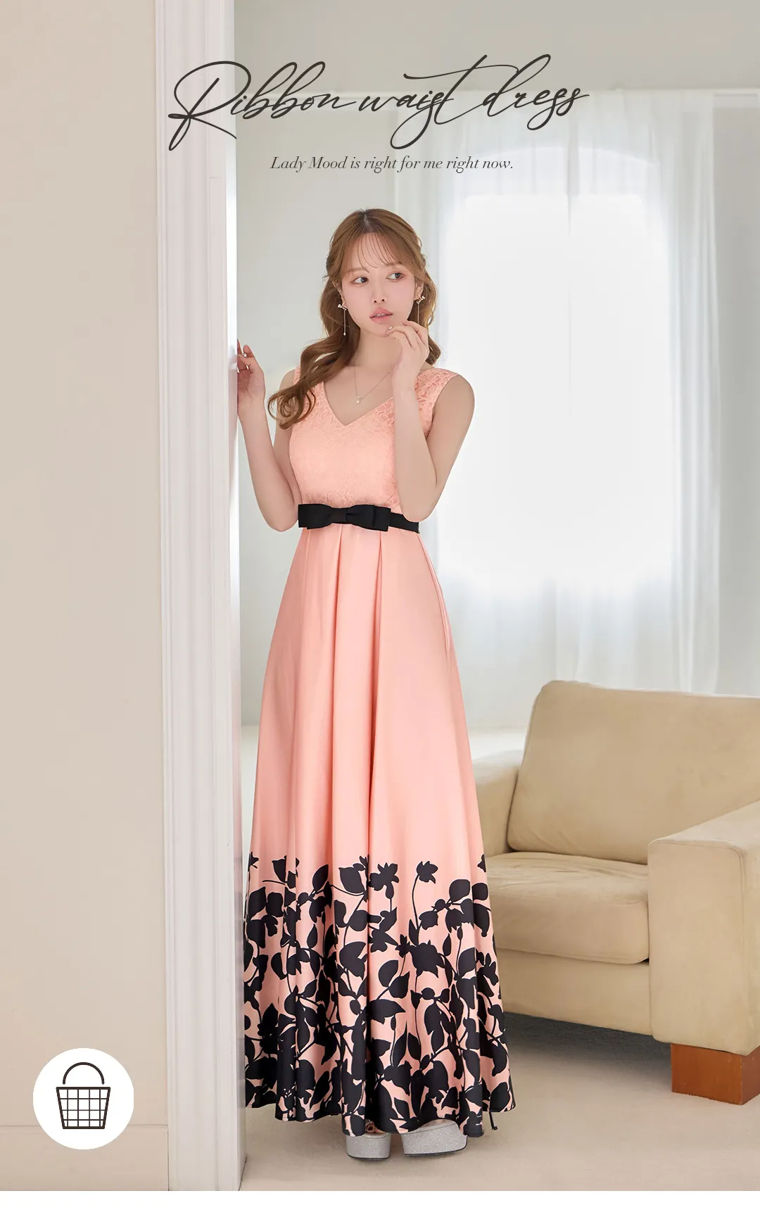 【SETTAN/セッタン】ボタニカルプリント/ 異素材MIX/ バイカラー/ ハイウエスト切り替え/ レース/ サテン/ Vネック/ ノースリーブ/ タック/ フレア/ ワンピース/ ロングドレス/ キャバドレス long 1