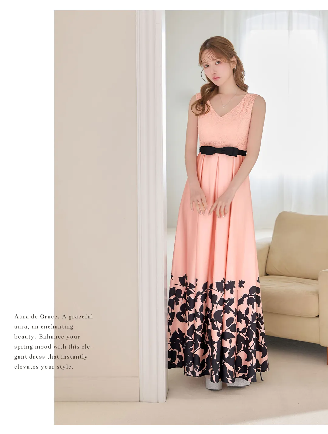 【SETTAN/セッタン】ボタニカルプリント/ 異素材MIX/ バイカラー/ ハイウエスト切り替え/ レース/ サテン/ Vネック/ ノースリーブ/ タック/ フレア/ ワンピース/ ロングドレス/ キャバドレス long 3