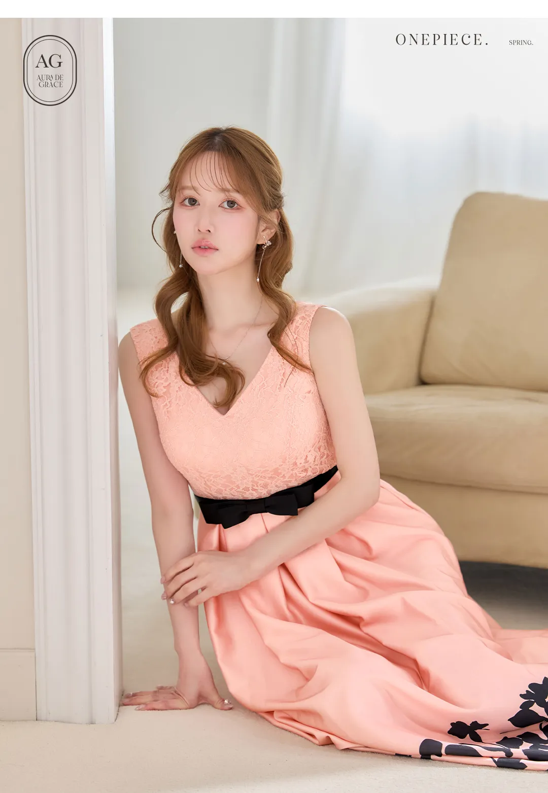 【SETTAN/セッタン】ボタニカルプリント/ 異素材MIX/ バイカラー/ ハイウエスト切り替え/ レース/ サテン/ Vネック/ ノースリーブ/ タック/ フレア/ ワンピース/ ロングドレス/ キャバドレス long 5