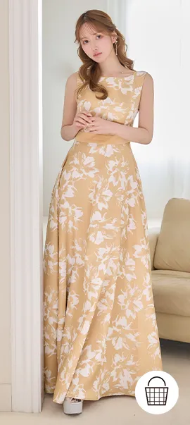 【SETTAN/セッタン】フラワープリント/ ハイウエスト/ ノースリーブ/ ボートネック/ フレア/ Aライン/ ワンピース/ ロングドレス / キャバドレス long