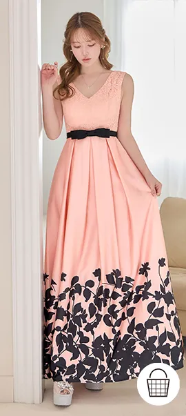 【SETTAN/セッタン】ボタニカルプリント/ 異素材MIX/ バイカラー/ ハイウエスト切り替え/ レース/ サテン/ Vネック/ ノースリーブ/ タック/ フレア/ ワンピース/ ロングドレス/ キャバドレス long