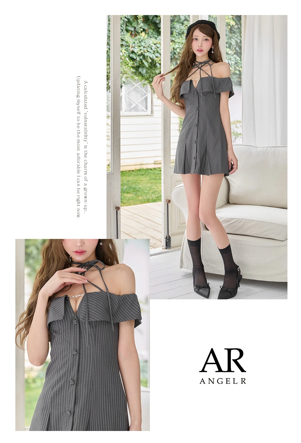 【ANGEL R/エンジェルアール】クロスネック/ ストライプ/ ビジューチャーム/ ボタン/ プリーツ/ フレア/ マイクロミニドレス/ キャバドレス 2
