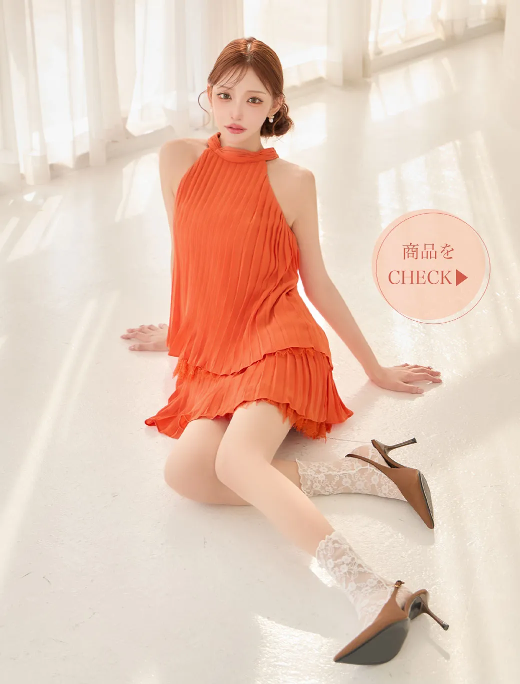 【ROBE de FLEURS/ローブドフルール】ホルター/ リボン/ レースプリーツ/ ラメシフォン/ ティアード/ 2段フリル/ フレア/ ミニドレス/ キャバドレス