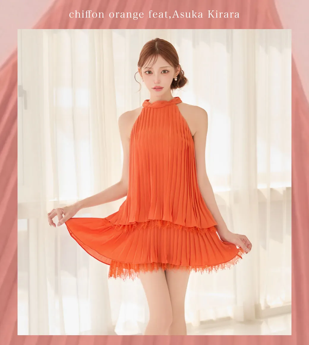 【ROBE de FLEURS/ローブドフルール】ホルター/ リボン/ レースプリーツ/ ラメシフォン/ ティアード/ 2段フリル/ フレア/ ミニドレス/ キャバドレス