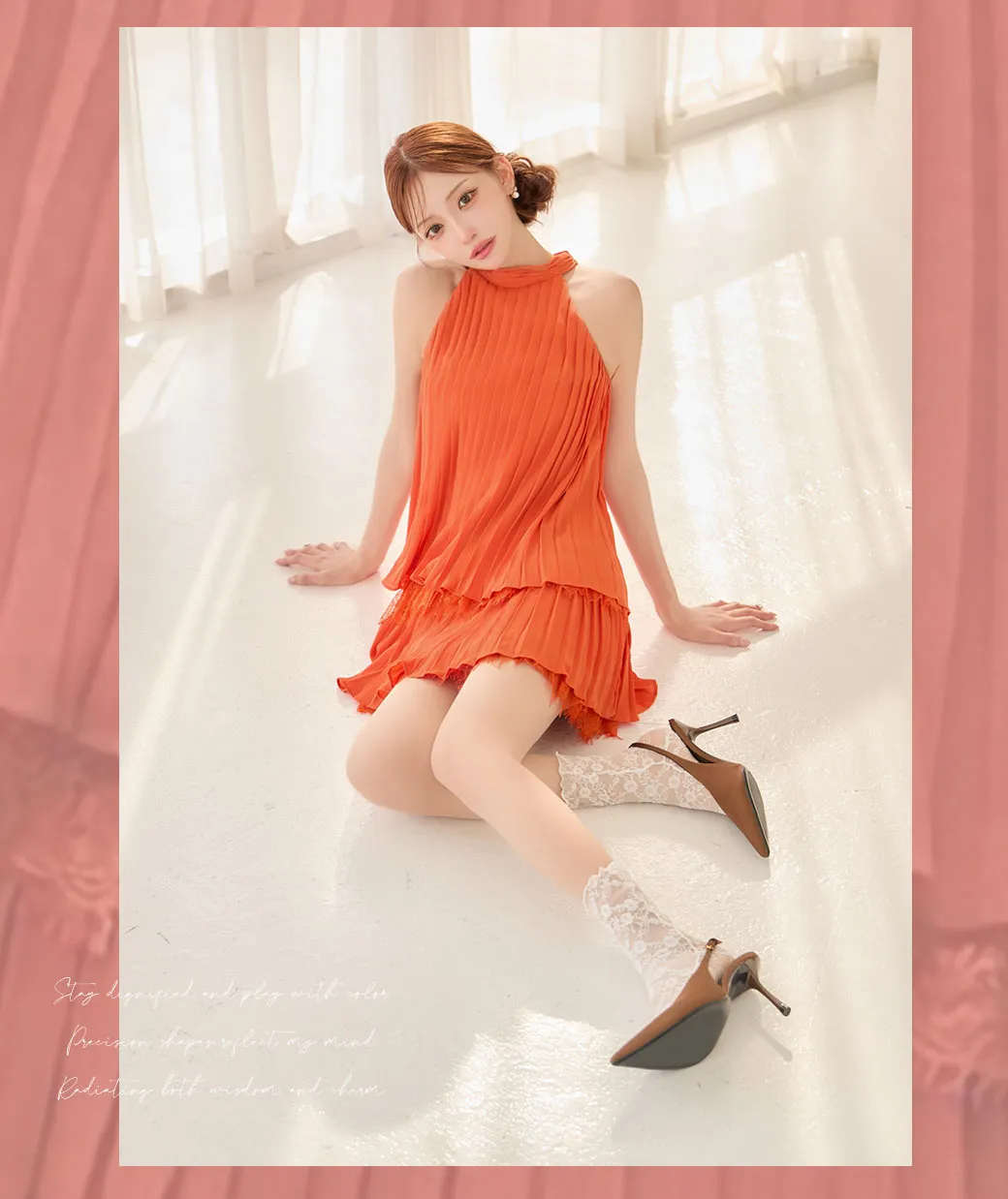 【ROBE de FLEURS/ローブドフルール】ホルター/ リボン/ レースプリーツ/ ラメシフォン/ ティアード/ 2段フリル/ フレア/ ミニドレス/ キャバドレス